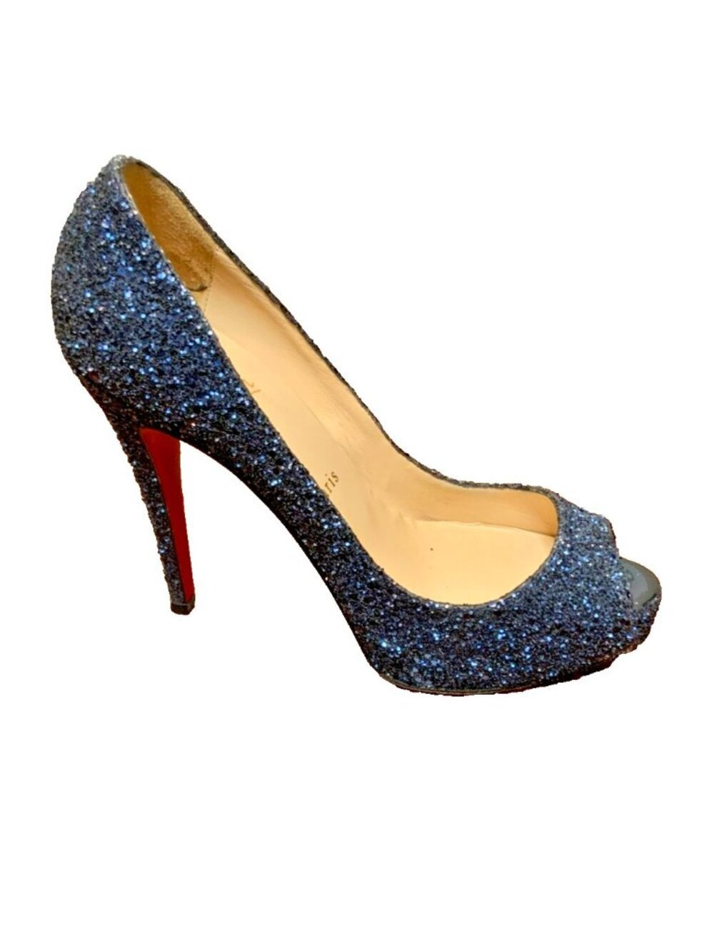 Christian Louboutin Blue Glitter Lady Peep Platform Heels, Size 7.5 | 38